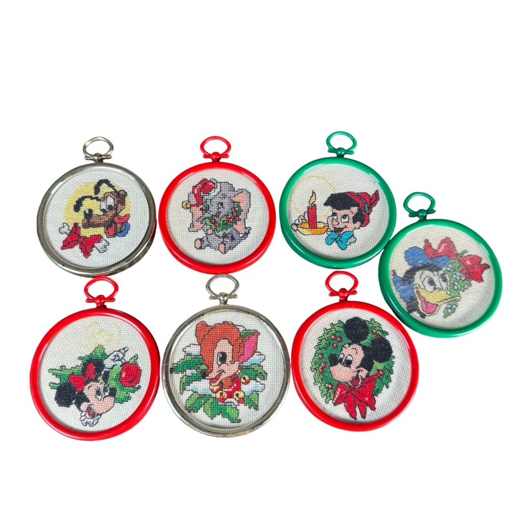 Disney Vintage Needlepoint Christmas Ornaments Lot of 7 Mickey Minnie Dumbo